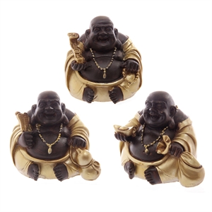 Buddha Happy 196 guld og træfarvet polyresin h8cm - Se flere Buddha figurer og Spejle